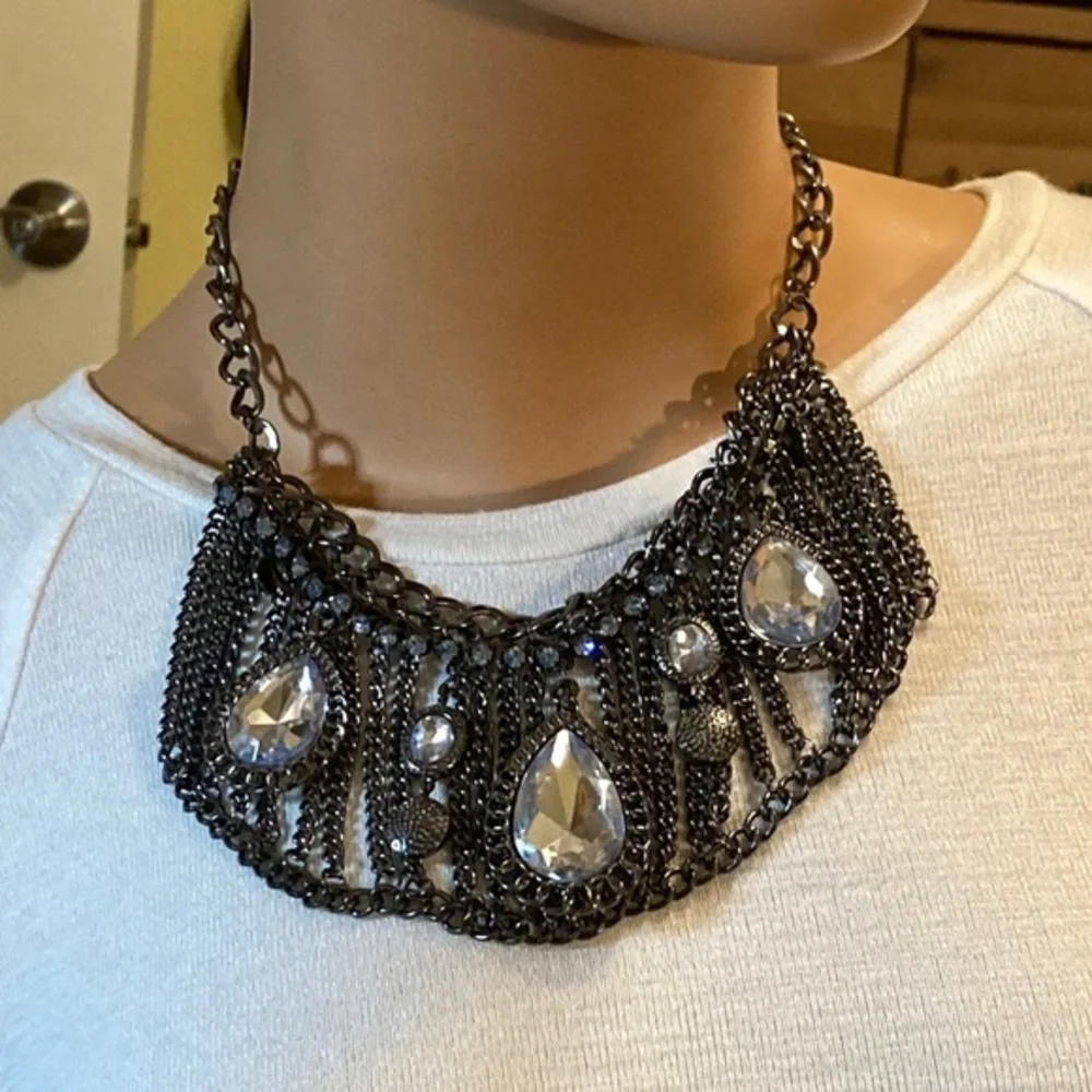 Gunmetal and blue rhinestone with faceted faux crystals statement necklace